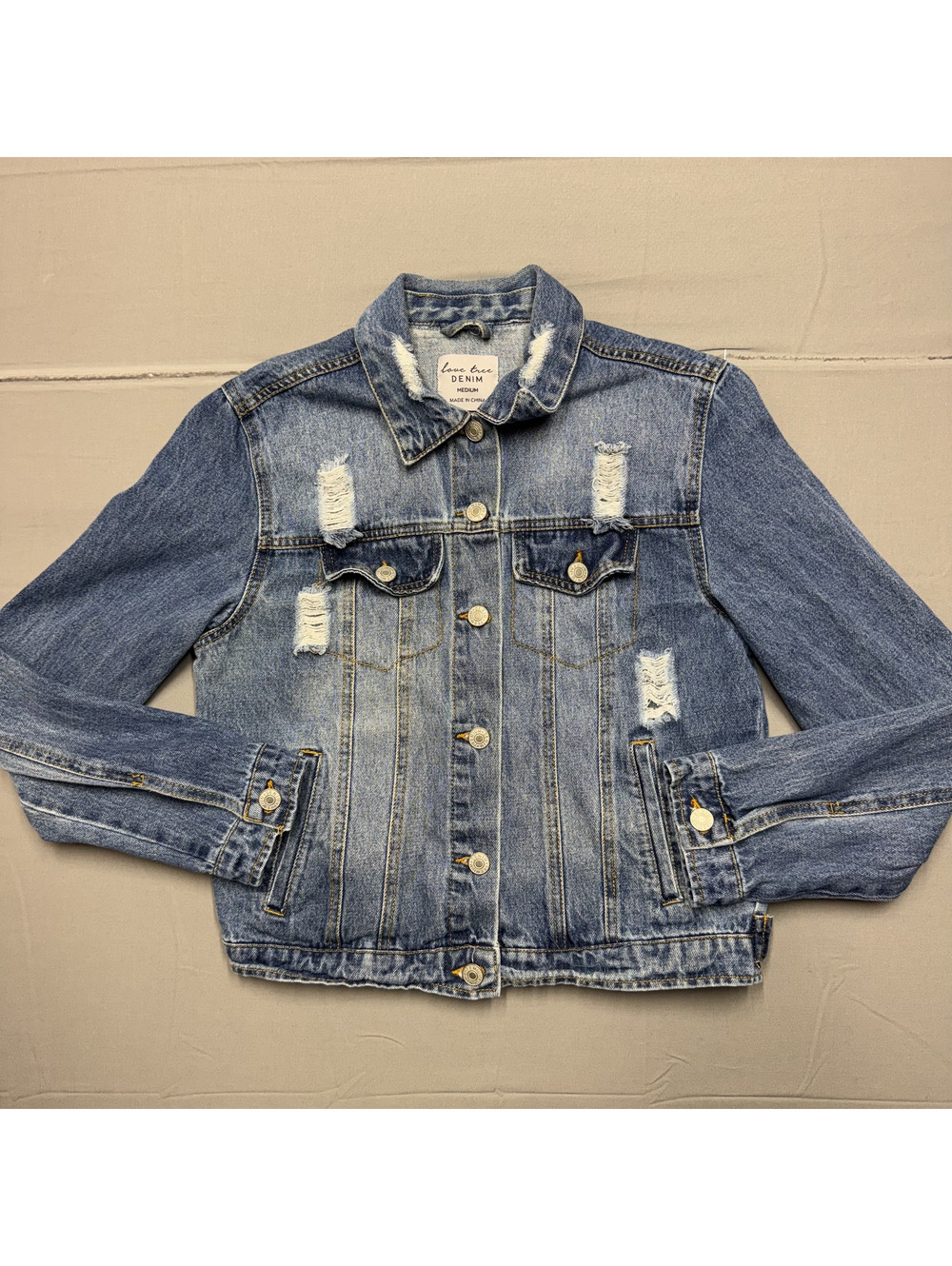 Love Tree Denim Jacket Women Medium Blue Distressed Button Up Trucker Coat